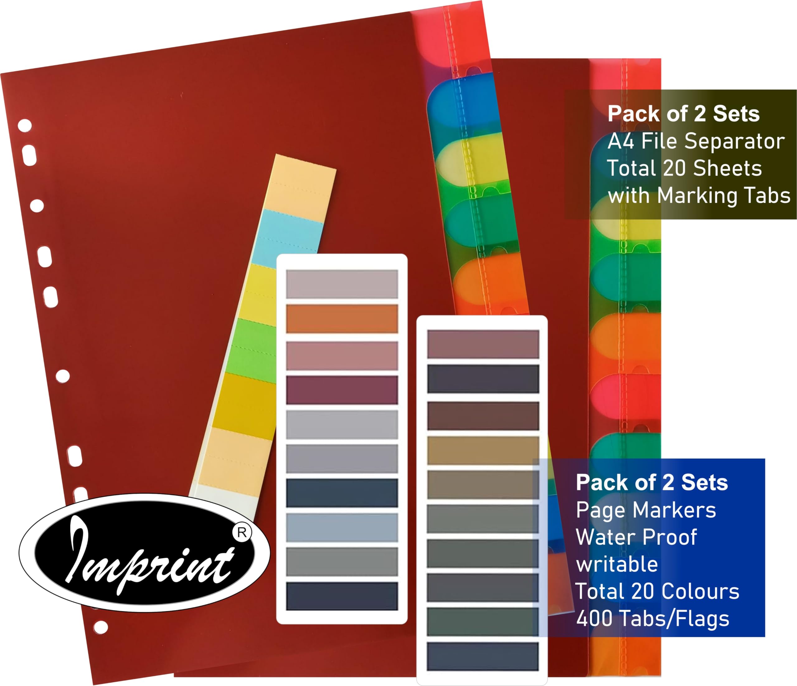 IMPRINT A4 Binder Index Separator (20 Insertable tab Sheets) - Separators for Box Files, Lever Arch Files, Binders Punched- A4 Size with 2 Packs of Book Tabs in 20 Colours (Total 400 Tabs) 1