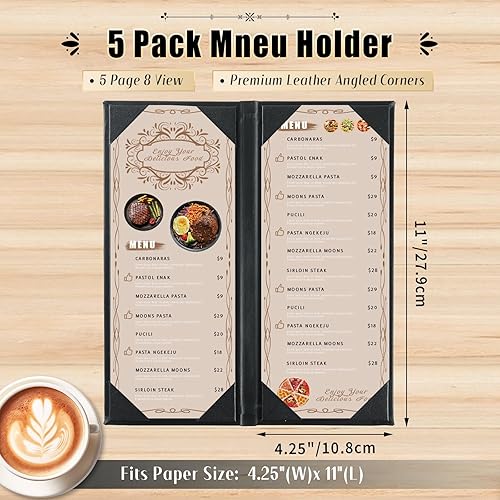 Miniatura 20 de Fundas para menú de restaurante de 4.25 x 11 pulgadas, paquete de 5 paneles de cuero sintético con triple pliegue, 4 esquinas anguladas, color negro