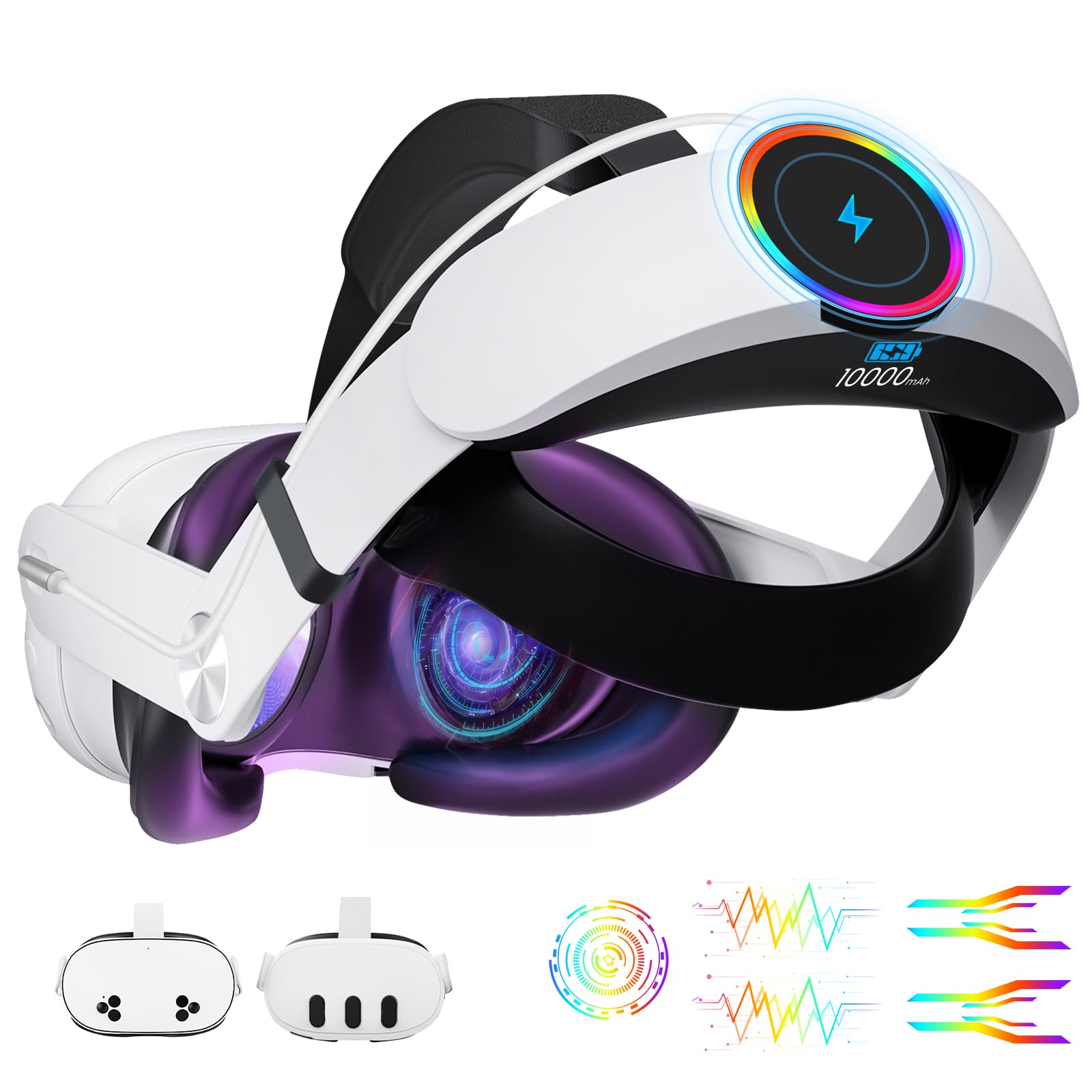 GEEKERA Headstrap Compatible con Meta-Quest 3/3S, 10000mAh Batería Head Strap para la Cabeza RGB, Accesorio VR con Correa Ajustable y Recarga Rápida, Tiempo de Juego Prolongado de 4 Horas