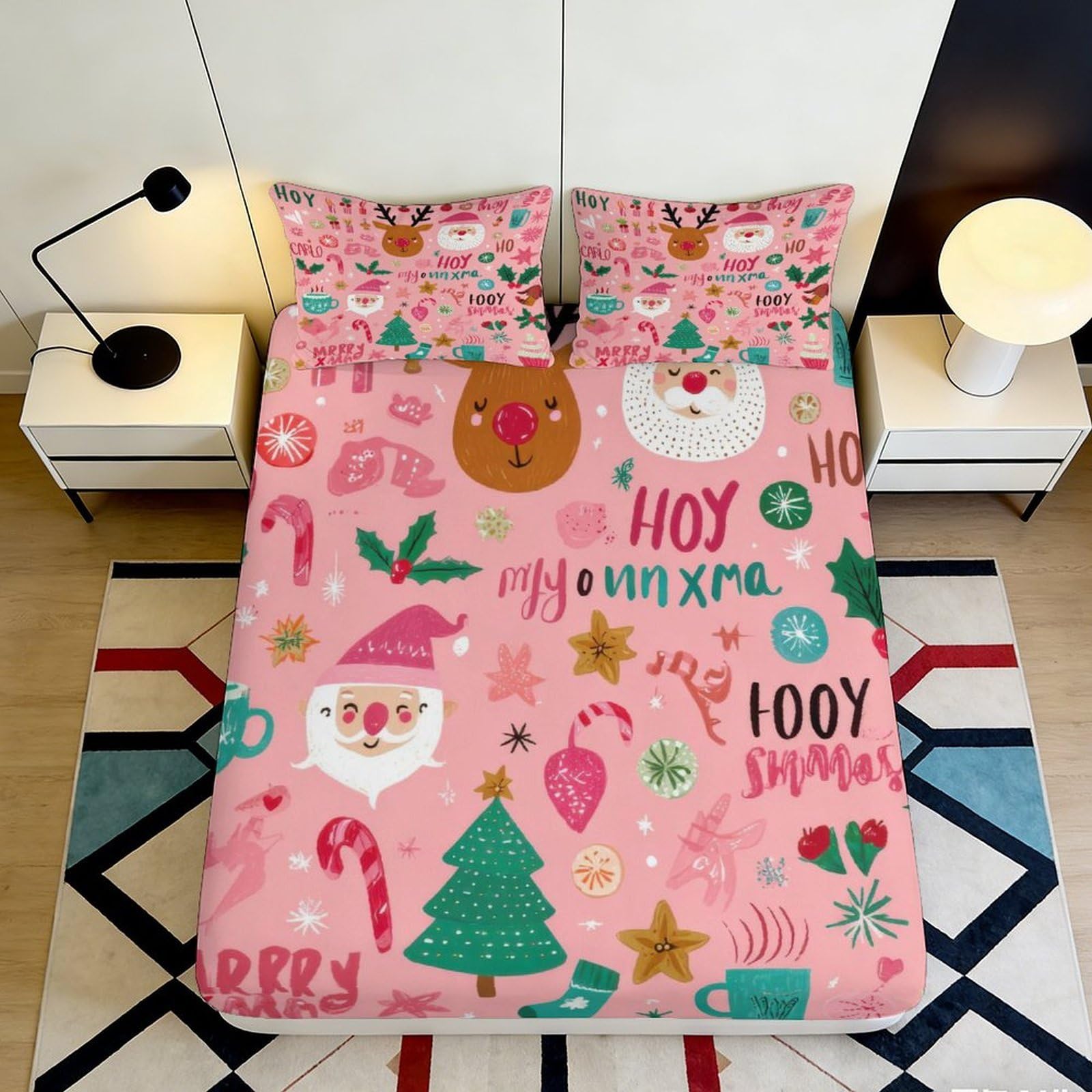 3D Printed Christmas Reindeer Fitted Sheet Microfiber Pink Santa Claus Mattress Cover for Bedroom Guest Room Dorm, Washable Anti-Slip 140x200x25cm
