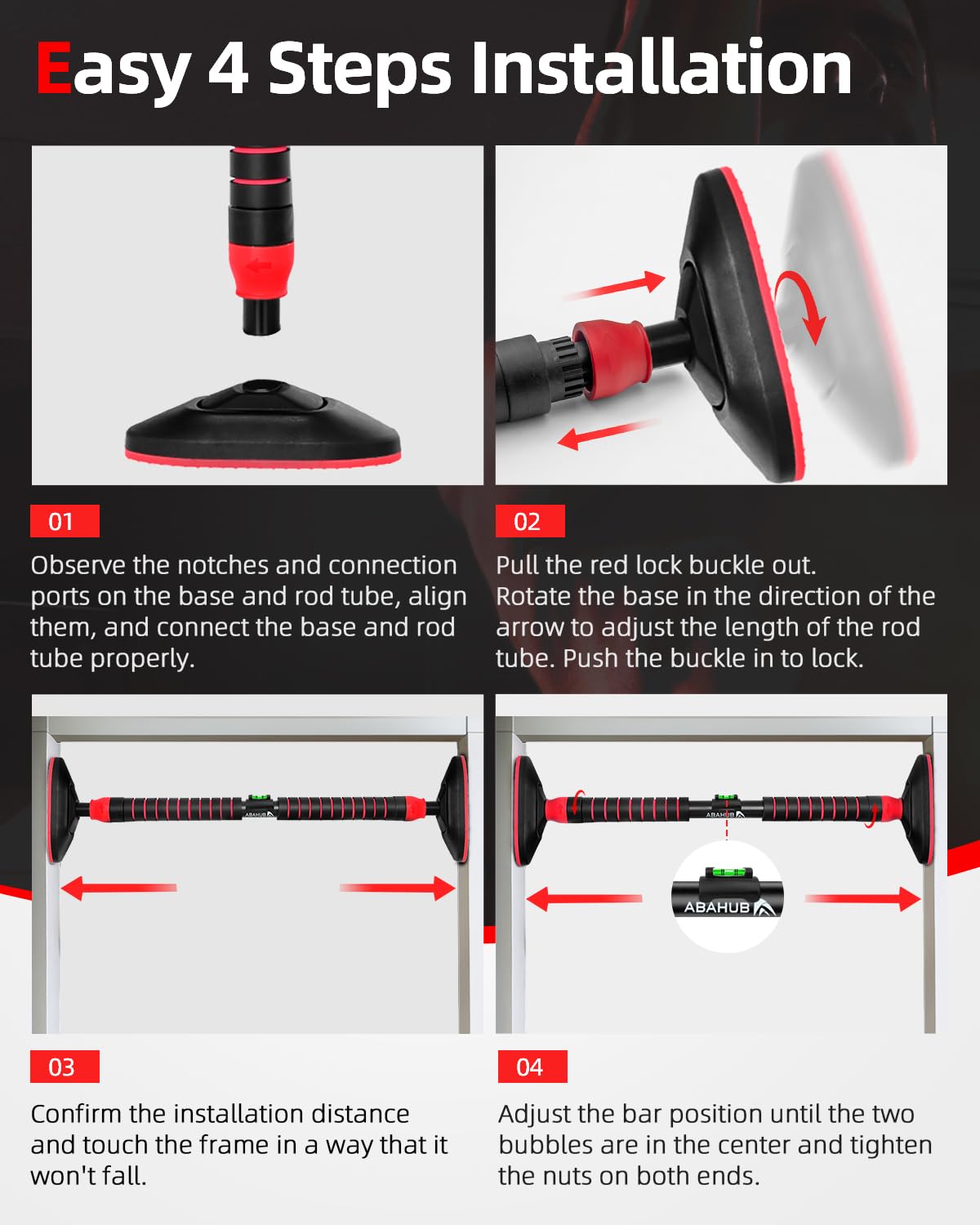 Abahub Barra para Tracciones de Puerta, Sin Tornillos, 120kg de Carga - Para Entrenamiento Intenso de Espalda y Hombros – Negro/Rojo