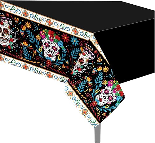1 mantel de plástico para fiesta del Día de los Muertos, 54 x 87 pulgadas, mantel rectangular largo de calavera colorida para bufé, fiesta mexicana,