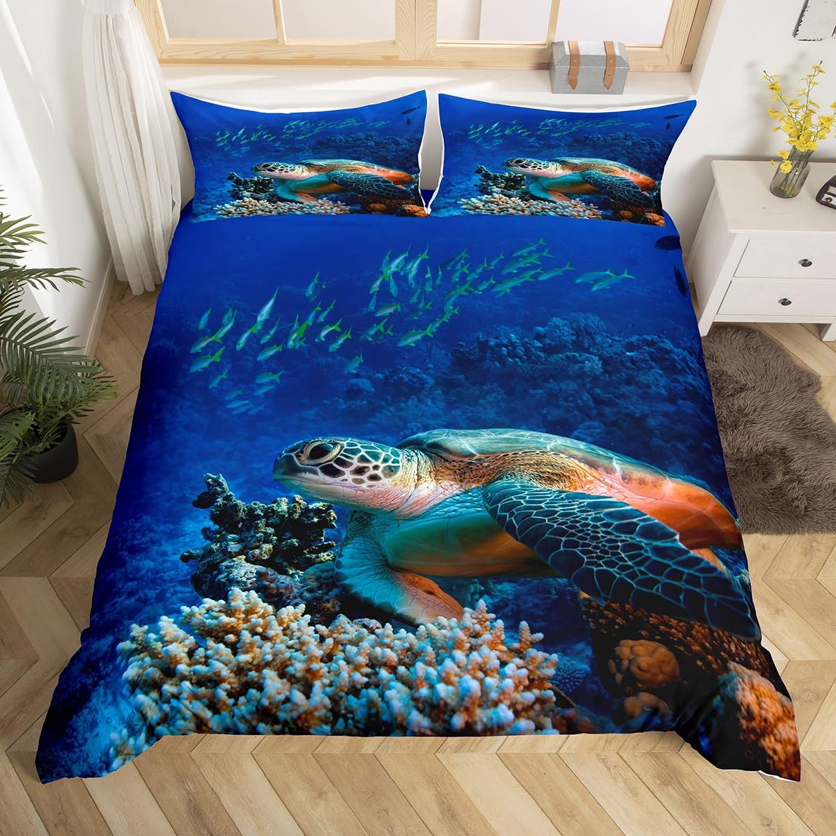 Loussiesd Ocean Sea Turtle Duvet Cover Set 3D Coral Fish Sea World Bedding Set Blue Bedding & Linen Set 2Pcs Junior/Cot Bed Size Boys