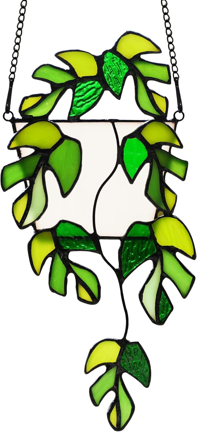 BOXCASA Stained Glass Window Hanging for Plant Lovers,Handmade Green Plants Artificial,Suncatcher Plant Gifts for Women,Grandma,Mother's Day,Christmas