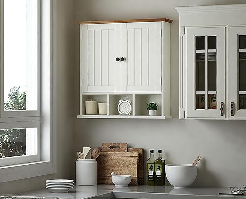 Miniatura 5 de ChooChoo Armario de baño montado en la pared de 2 puertas con 3 estantes abiertos, botiquines de madera con estante ajustable, armarios de