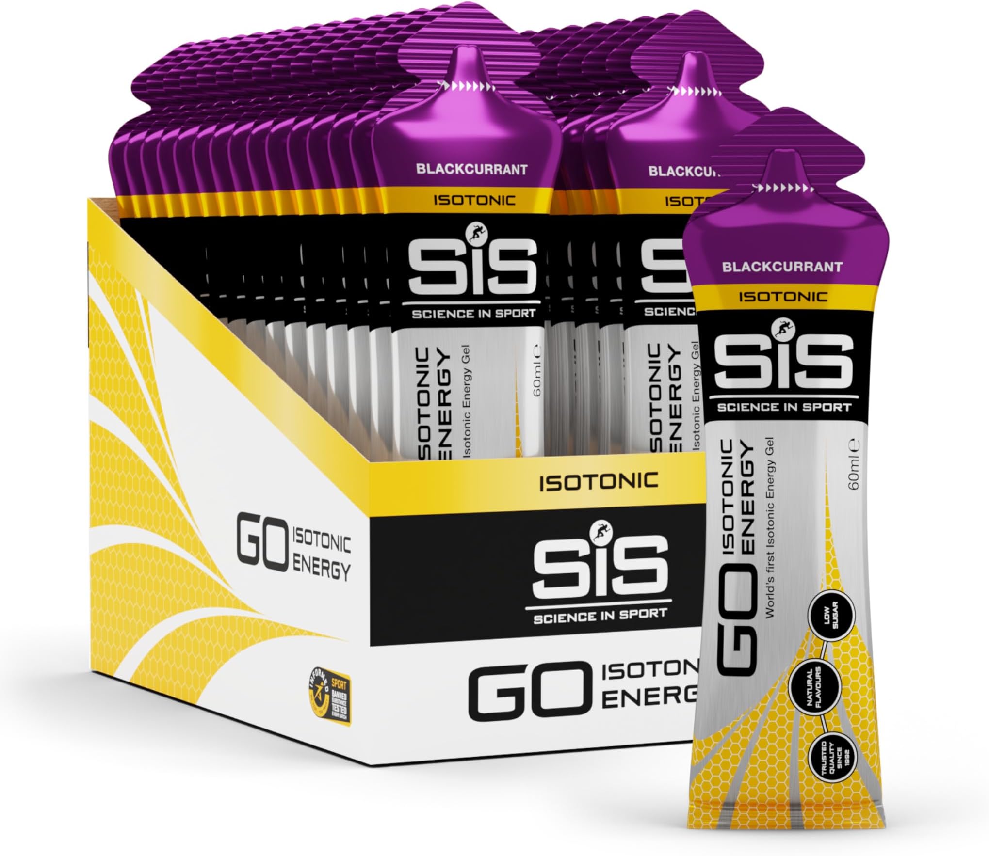 Science In Sport GO Isotonic Energy Gels | 22g Carbohydrates | Low Sugar | Easily Digestible | Gluten Free | No Water Needed | Running Gels | Blackcurrant Flavour | 30 Pack