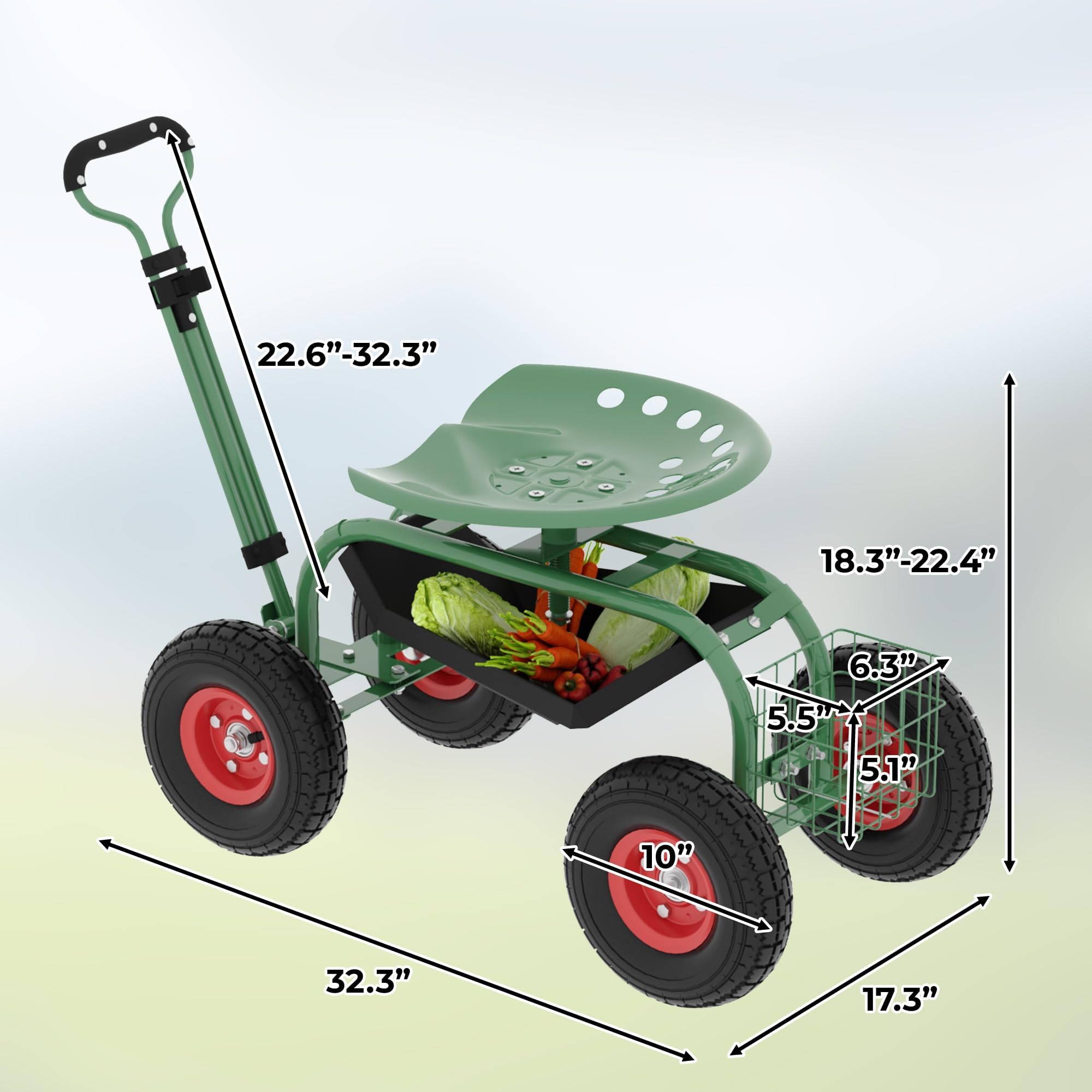 Carrello Da Giardino Con Sedile Su Ruote, Sgabello Da Giardino Con Ruote, Sgabello Da Giardinaggio Resistente Per Piantare Con Sedile Girevole a 360 Gradi, Maniglia Di Sterzo e Vassoio Portau