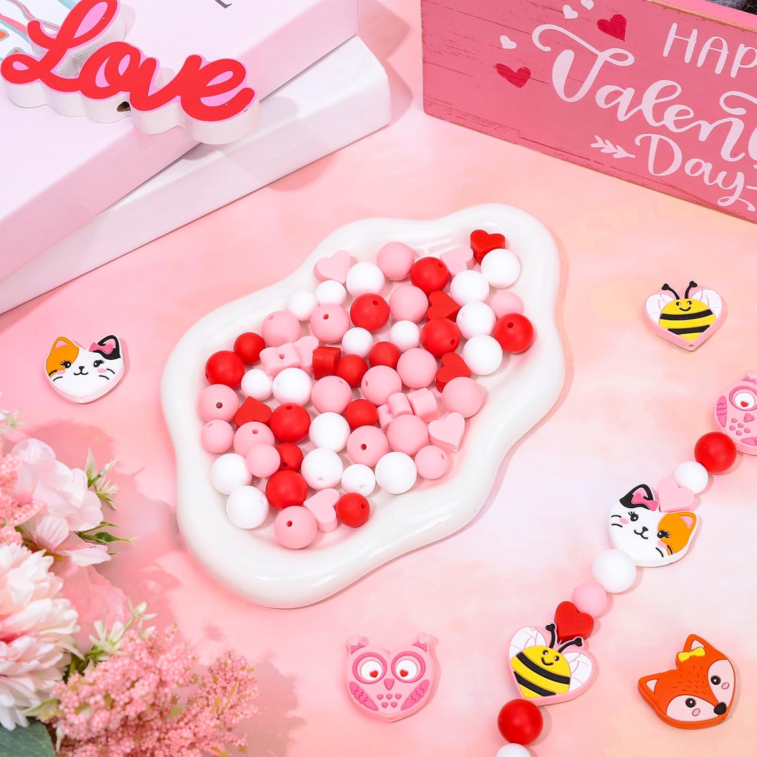 Silicone Beads for Valentine's Day Red Pink Round Heart Shaped Animal Rubber Loose Focal Beads with Elastic Rope for DIY Crafts Pens Keychain Jewelry Bracelet Lanyard Making Kit, 100 Pcs - Image 5