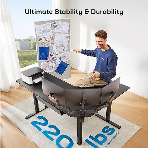 Miniatura 7 de HUANUO - Escritorio de pie en forma de L, doble motor, 63 pulgadas, altura ajustable eléctrica, escritorio de esquina para computadora con enchufes