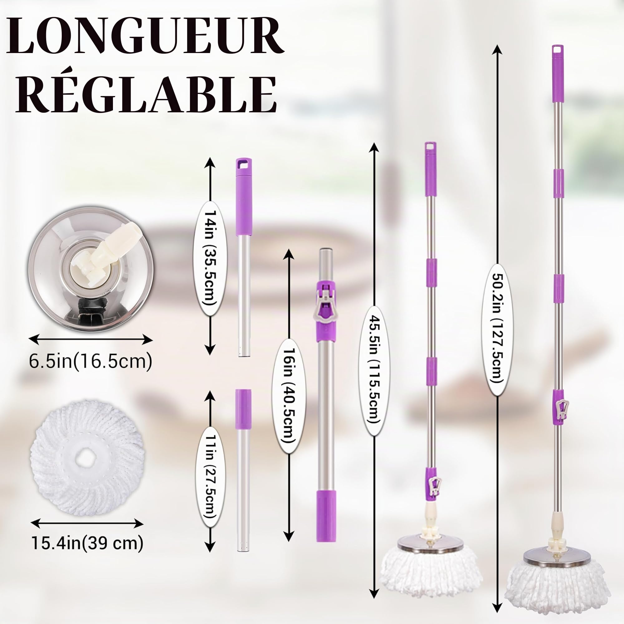 ARSUK Balai Rotatif 360° – Balai serpillère Ajustable, Manche Acier Inoxydable Extensible 127 cm – 2 Têtes Microfibre Remplaçables – Nettoyage Efficace sans Effort