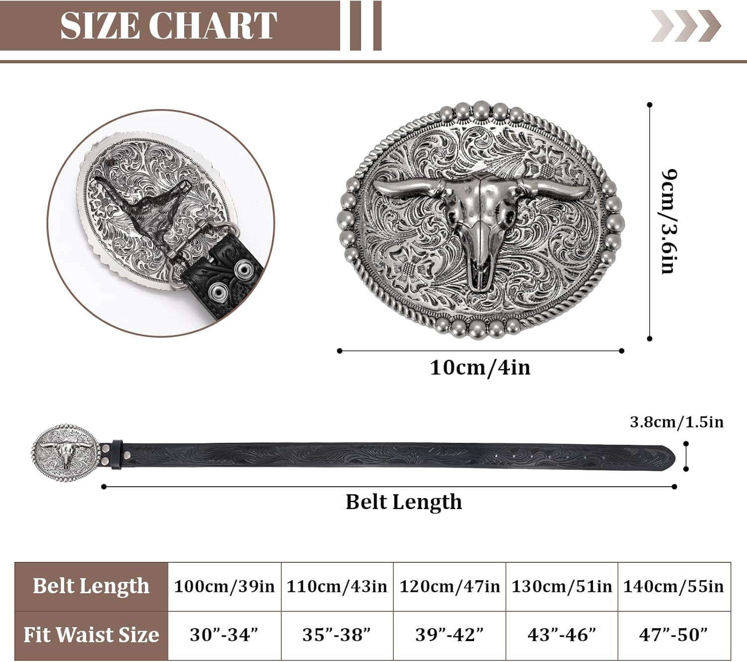 SANSTHS Cowboy Belts for Men Women, Western Leather Belt with Big Buckles Mexican Country Black Longhorn Bull Belt for Jeans - Image 6