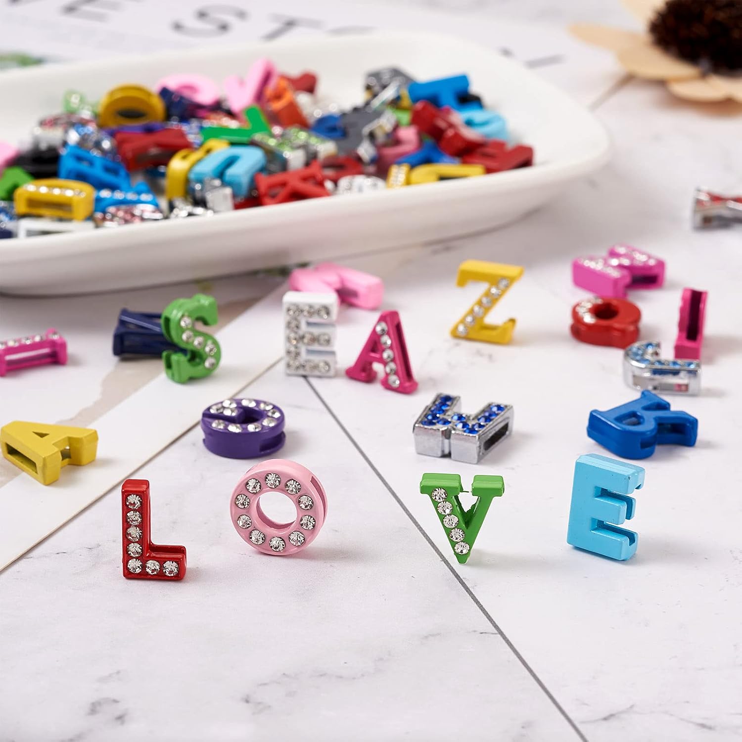 FASHEWELRY 104Pcs Colorful Rhinestone Letter Slide Charms Alloy Rhinestones Alphabet A-Z Pendants Initial Capital Beads for DIY Wristbands Bracelet Choker Jewelry Making