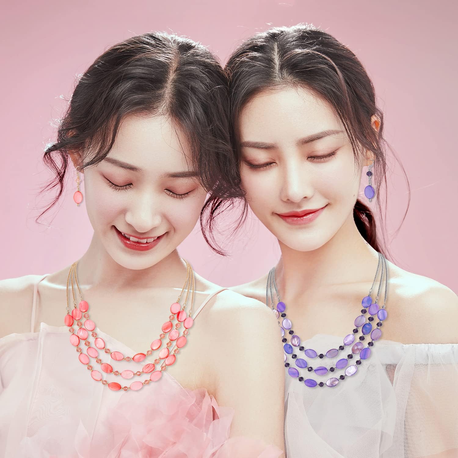 Firstmeet 3-Layer Mother of Pearl Beads Necklace with Earrings Oval Beads Pendant Jewelry for Women - Image 2