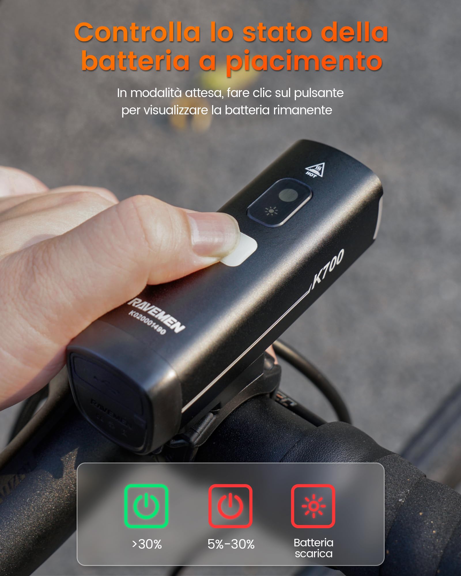 RAVEMEN K700 Luce Anteriore per Bici, 700 Lumen Intelligente Diurna Modalità USB-C Impermeabile IPX7 4 Modalità Adatto per il Pendolarismo, la Guida su Strada e le Strade Sterrate