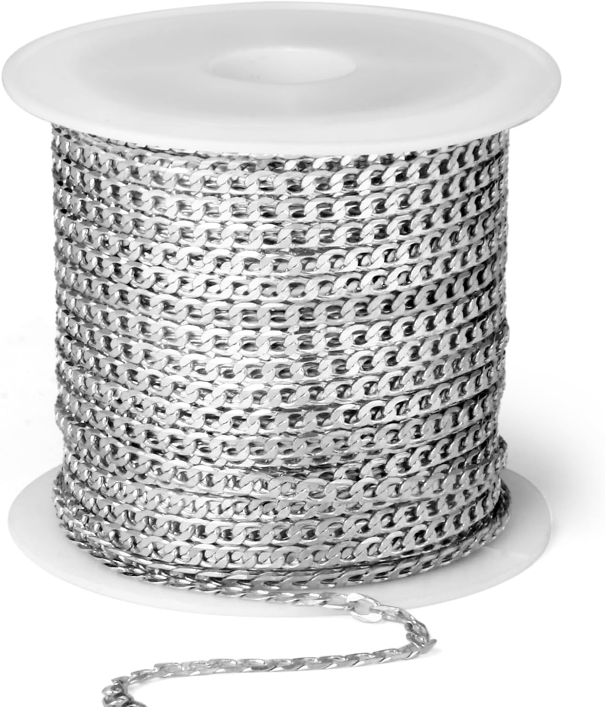 [33 FT] Silver Curb Chains Roll, 2mm Wide Silver Plated Brass Curb Link Chain Spool Bulk for Jewelry Making