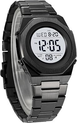 Mens Stainless Steel Digital Watches for Men Stopwatch Wrist Watch | 12/24 Hour Alarm Date & Light digital watch for men women, Gold unique Hexagon designer men watch, Birthday gifts for men dad