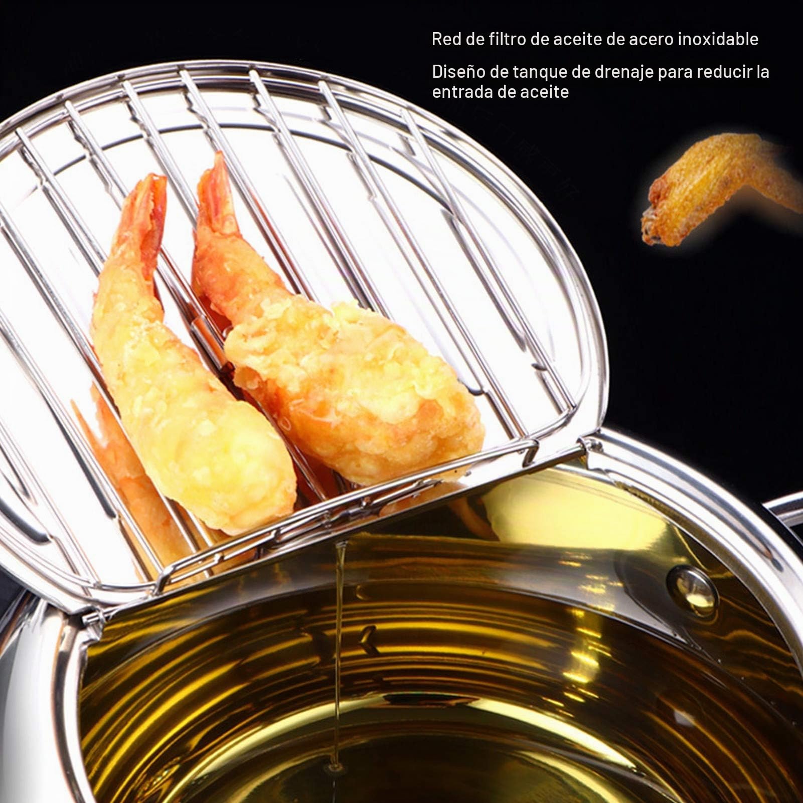 Olla freidora profunda, sartén tempura acero inoxidable con termómetro y tapa rejilla escurridora para frituras caseras