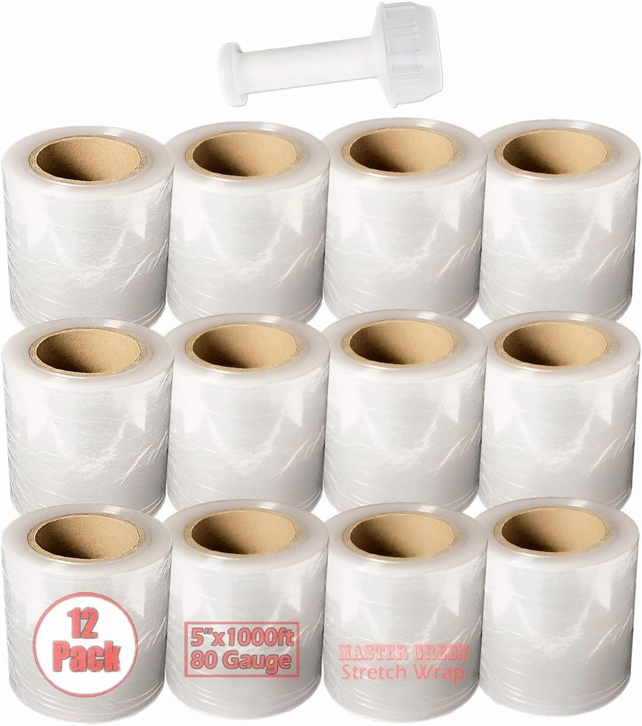 Master Green, 5" x 1000ft 80 Gauge (Pack of 12 Rolls) Clear Plastic Mini Hand Stretch Shrink Wrap Film with One Handle for Industrial, Shipping, Pallet, Storage, Retail, Packing Moving Packaging