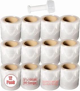 Master Green, 5" x 1000ft 80 Gauge (Pack of 12 Rolls) Clear Plastic Mini Hand Stretch Shrink Wrap Film with One Handle for Industrial, Shipping, Pallet, Storage, Retail, Packing Moving Packaging