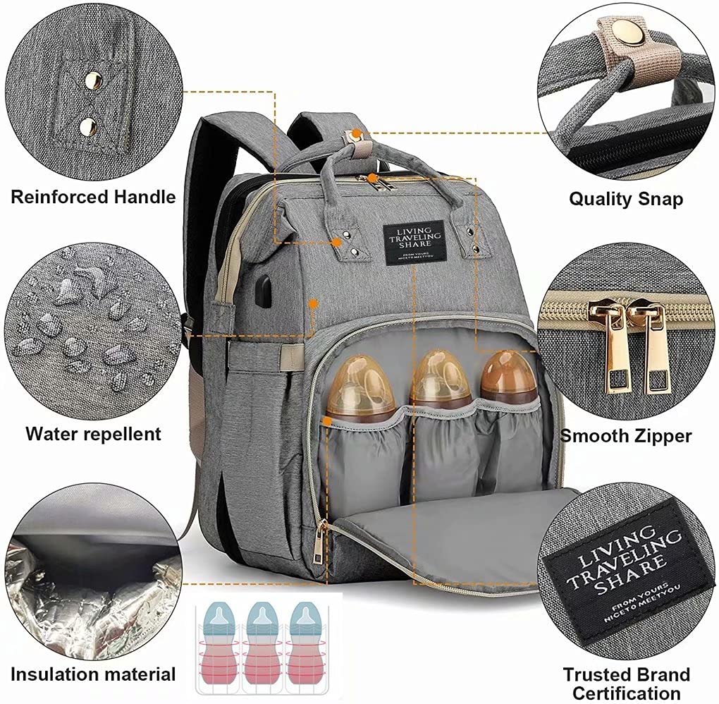 Mochila de pañales para bebé, de gran capacidad, organizador para cuna de viaje, mochila con alfombrilla y correas para cochecitos, bolsas aislantes para calentar botellas (gris claro),