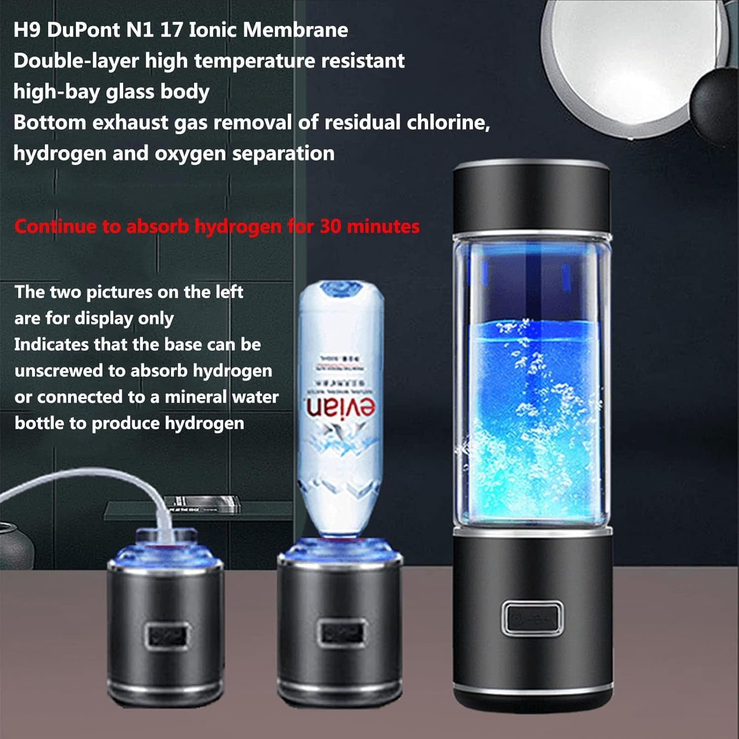 Hydrogen Water Bottle, Anti-Oxidation Hydrogen Water Generator, Up to 4500-5000 PPB Content Hydrogen Water Generator with Inhaler Adapter