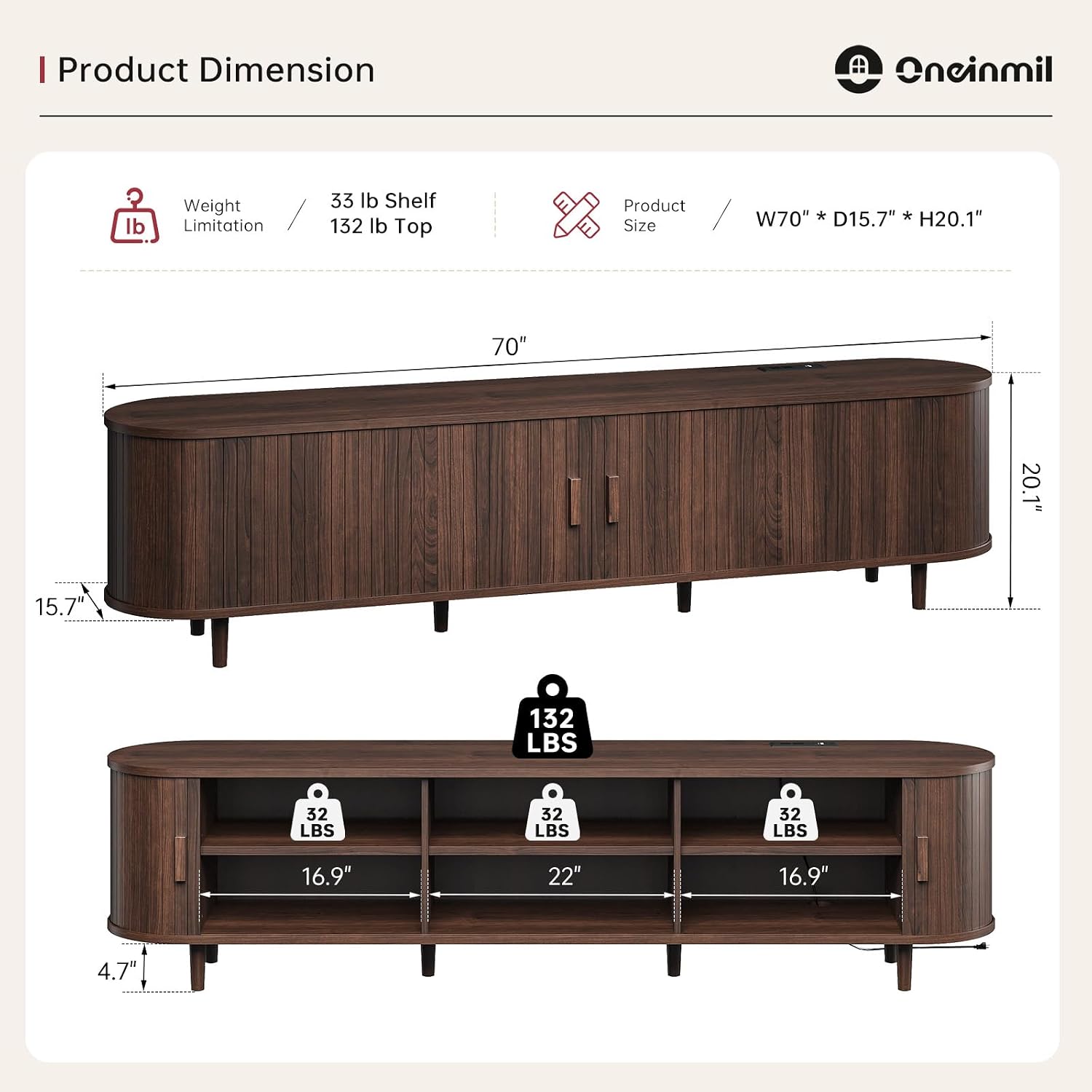 oneinmil 70" Mid Century Modern TV Stand with Sliding Doors, Wood Entertainment Center with Storage and Adjustable Shelves, Fluted Media TV Consoles for Living Room, Walnut