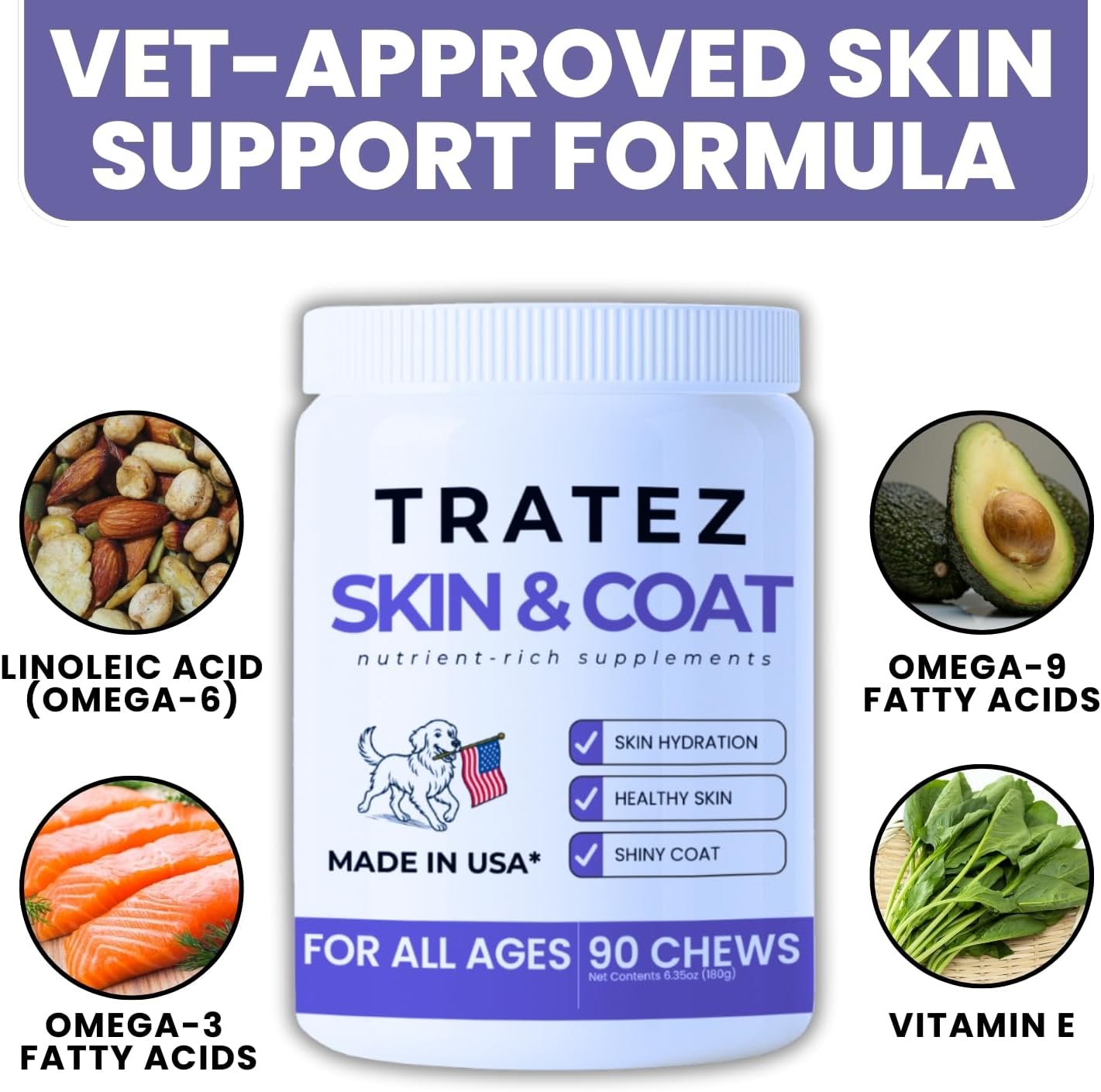 Skin and Coat Supplement for Dogs, 90 Soft Chews with Vitamin E and Essential Fatty Acids (Omega 3, Omega 6 and Omega 9 Fish Oil), Advanced Formula with Anti-inflammatory Properties