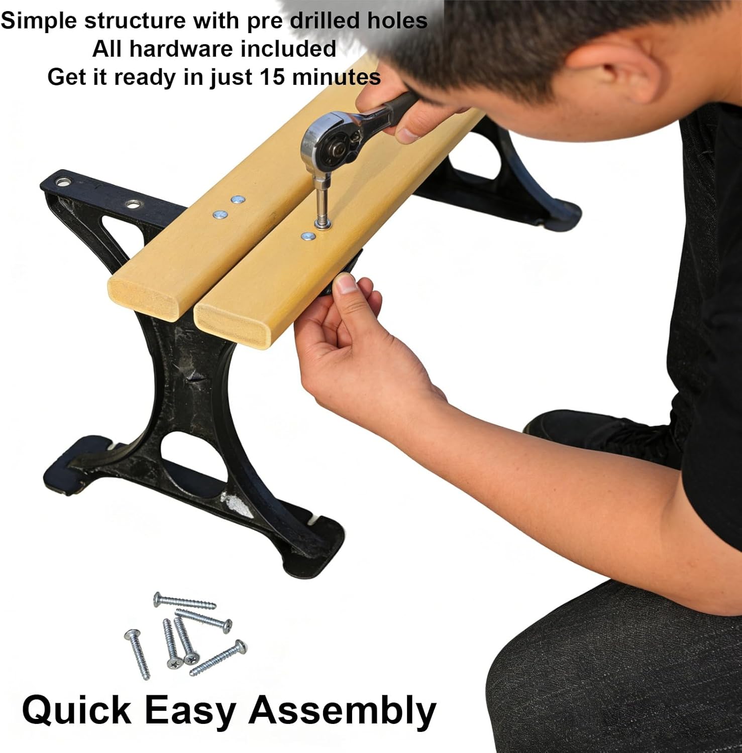 Outdoor Garden Bench Weatherproof, Cast Iron Frame and Plastic Steel Slats, Load Bearing Capacity 770lbs, Suitable for Lawns, Porches(Yellow,150x39x41cm/59x15x16in)