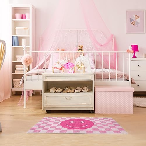 Miniatura 7 de Demissle Alfombra de cara sonriente rosa a cuadros de búfalo divertida para dormitorio, alfombra contemporánea a cuadros, decoración de habitación