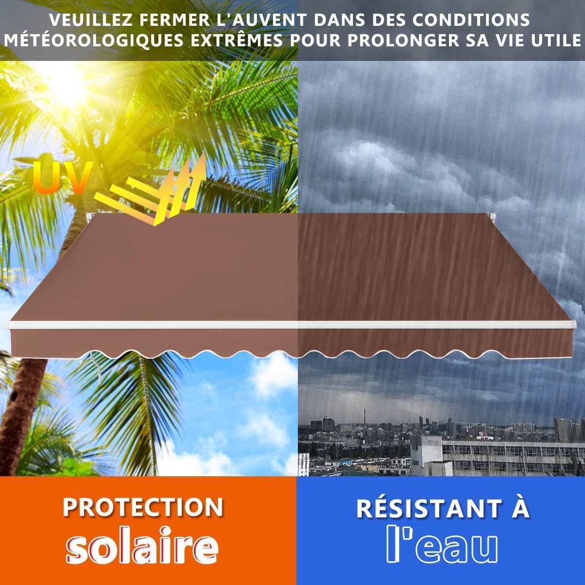 Comparison image showing the awning providing sun protection on a sunny day and water resistance during rain, with a warning to close it in extreme weather.