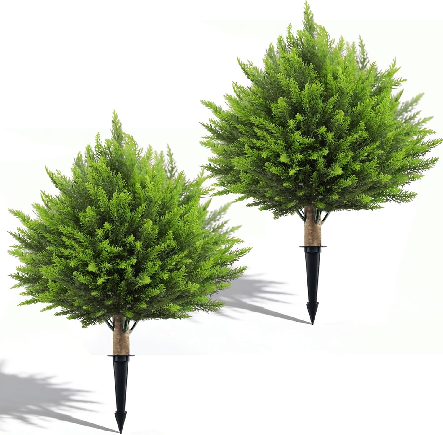24" Artificial Cedar Topiary Ball Trees Outdoor, 2 Pack UV Resistant Fake Plants with Ground Spike, Faux Cypress Shrubs Bushes for Indoor Front Porch Garden