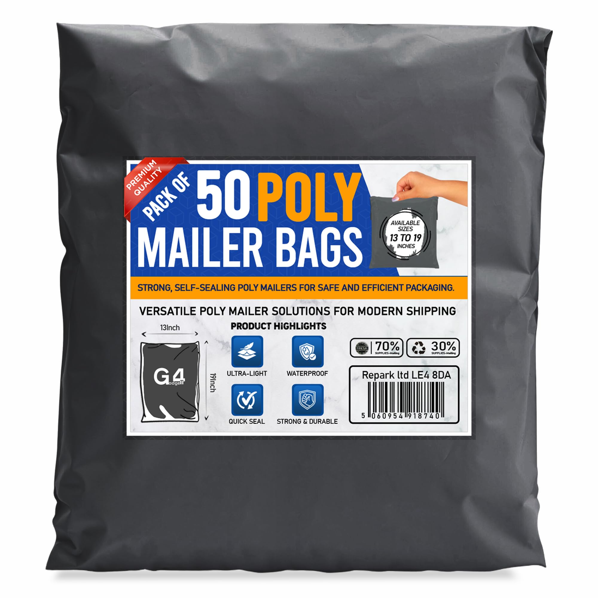 G4GADGET 50x Grey Mailing Bags 13x19 Inch | Heavy Duty Postage Bags for Parcels | Self Seal Waterproof Plastic Shipping Bags for Vinted Clothes & Packaging