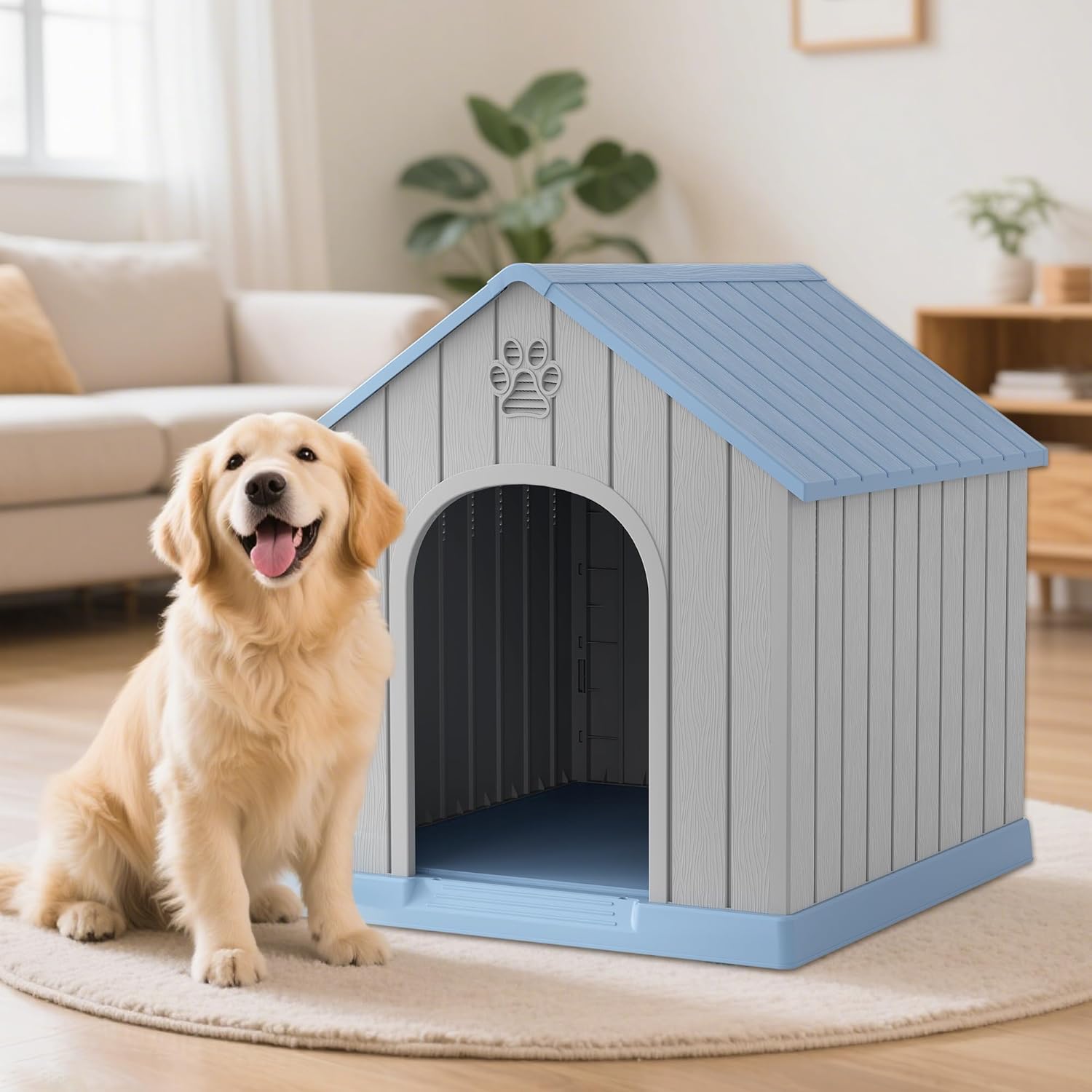 Fancyango Large Dog House Outdoor Indoor for Medium Large Dogs, Sturdy Plastic Waterproof Doghouse with Air Vents and Elevated Floor, Easy Clean and Assemble (Light Blue, 36.2''L×38''W×38''H)