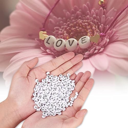 Miniatura 3 de 2220 cuentas de acrílico redondo blanco de 0.157 x 0.276 in con letras negras clasificadas del alfabeto, cuentas de corazón, cuentas de semillas de