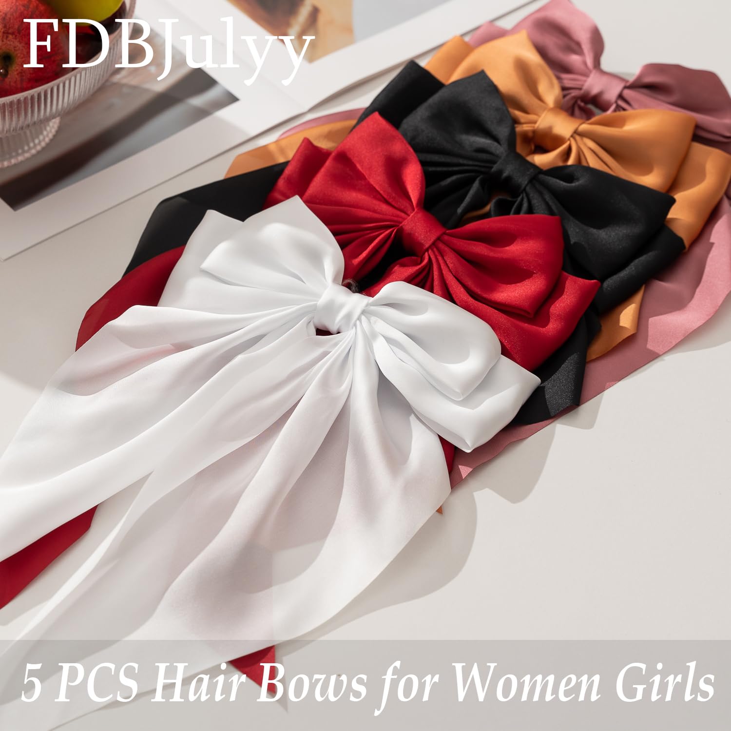 Premium Black Satin Hair Bows and Clips Set for Women & Girls - 5 PCS Bow-knot Hair Clip, Big Bows Claw Clips, Non-Slip Clip for Thick and Thin Hair