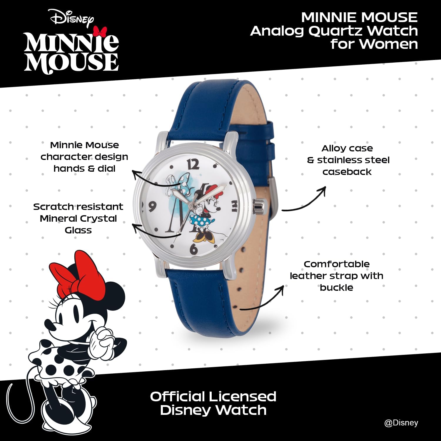 Disney Minnie Mouse Watch for Women, Stylish Minnie Watches for Women, Elegant Mouse Watch ’s Accessory, Gift Fans and Collectors - Blue Leather Strap, Silver Dial & Case