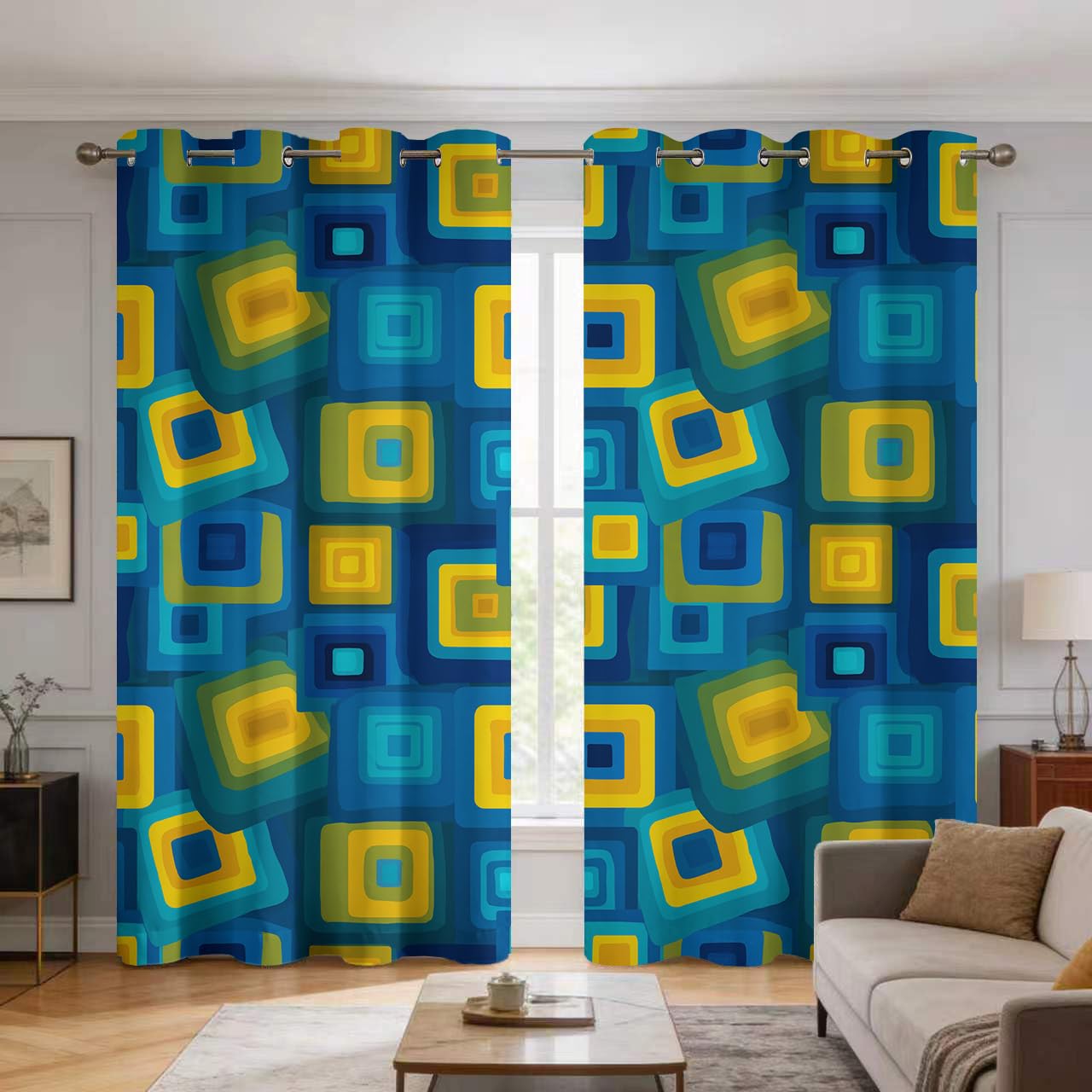 Rideaux occultants imprimé mid-century moderne | 2 panneaux rétro géométrique 75x166cm