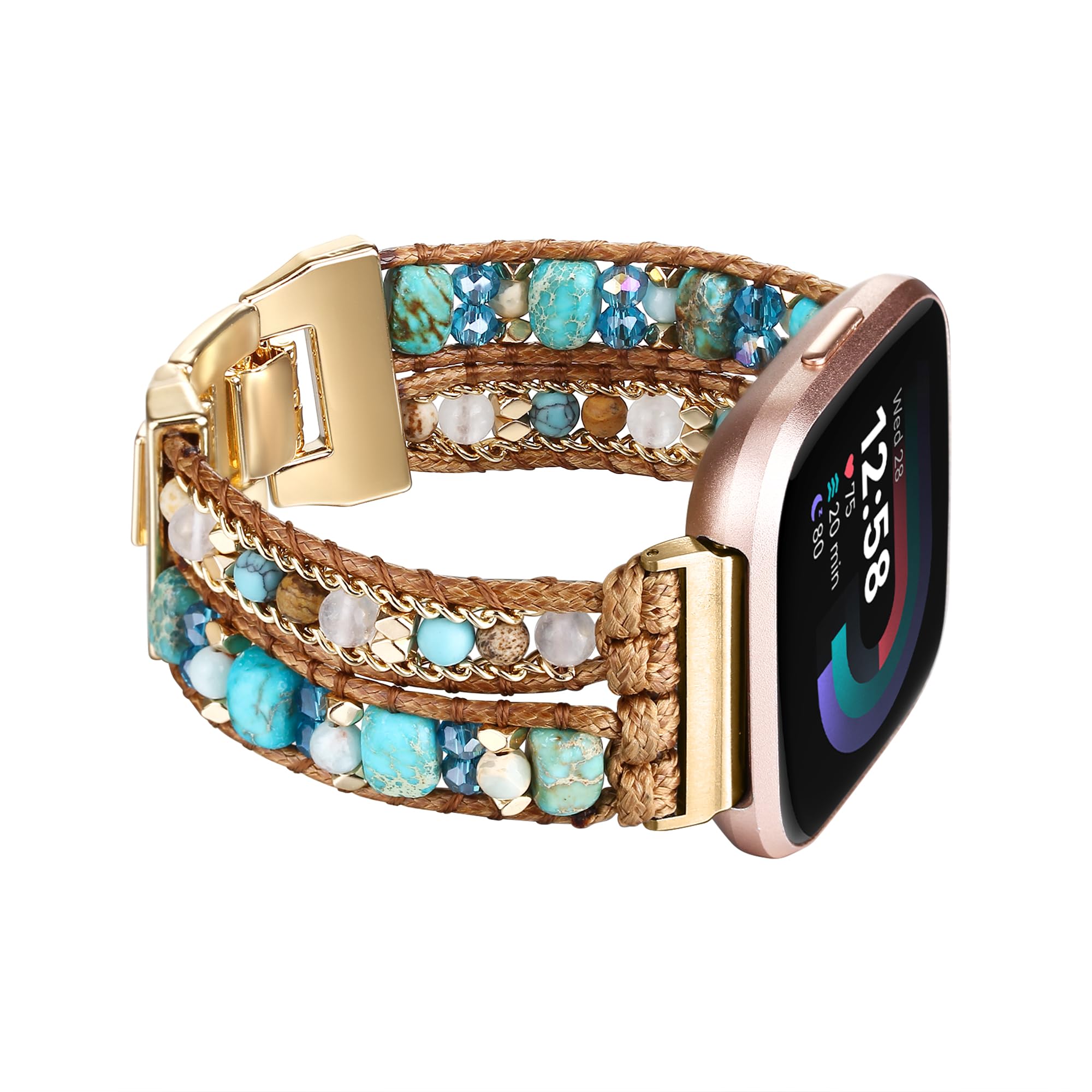 Wingoden Bracelet Bands Compatible with Fitbit Versa 4/3/Sense 2/Sense Band for Women, Leather Beaded Watch Strap Natural Stone Wrap Boho Watch Band for Fitbit Versa 4 Band Replacement, 5.1 pouces à
