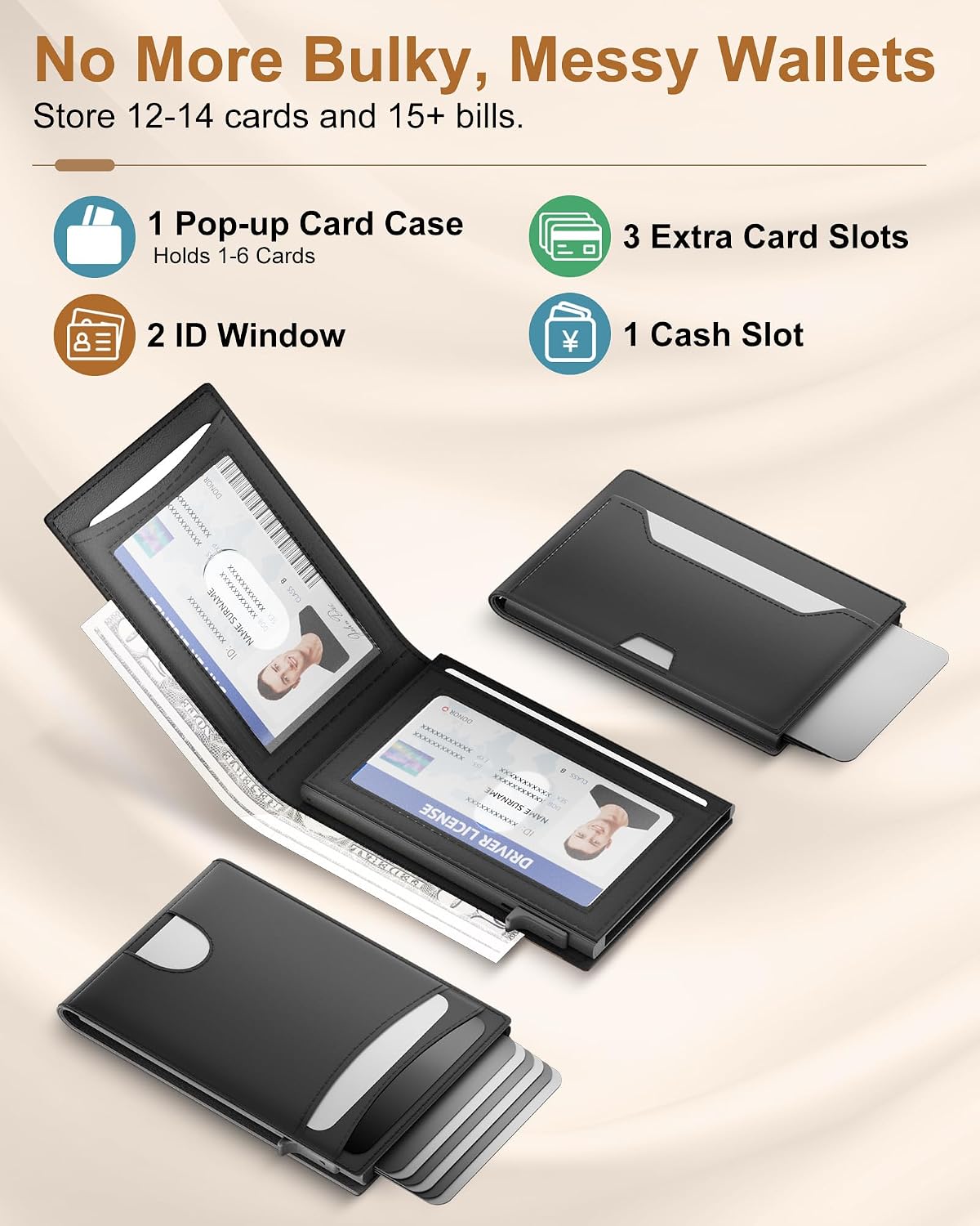 Wallet for Men: Pop Up Card Case, RFID Blocking, Slim, Minimalist, Genuine Leather, Front Pocket, Smart, Thin, Compact, Magnetic Flap Closure - 2 ID Windows, Up to 12 Cards & 15 Bills (Black)