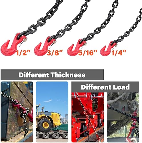 Miniatura 7 de Lechansen Cadena de transporte G80 de 14 pulgadas x 10 pies, equipada con gancho de cadena G80, cadenas de remolque de grado 80 con gancho, cadena