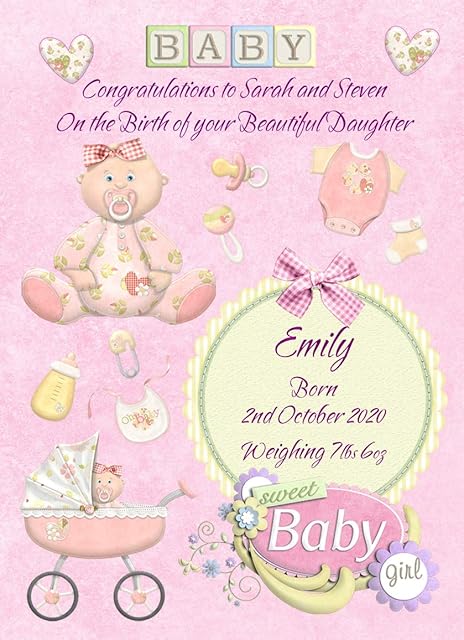Personalised Baby Girl New Born Congratulations Greeting Card (Parents Names, Baby Name, Birth Date, Birth Weight)