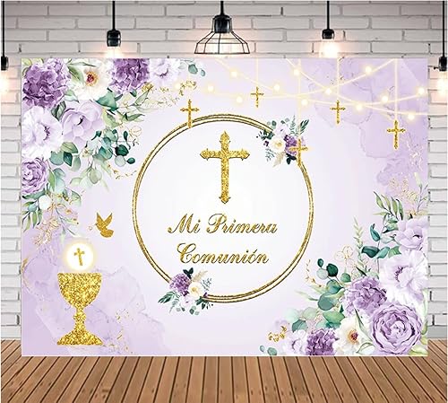 Telón de fondo de bautismo para primera comunión Mi Primera Comunión, cortina de fondo de flores moradas, crucifijo, fondo para recién nacido,