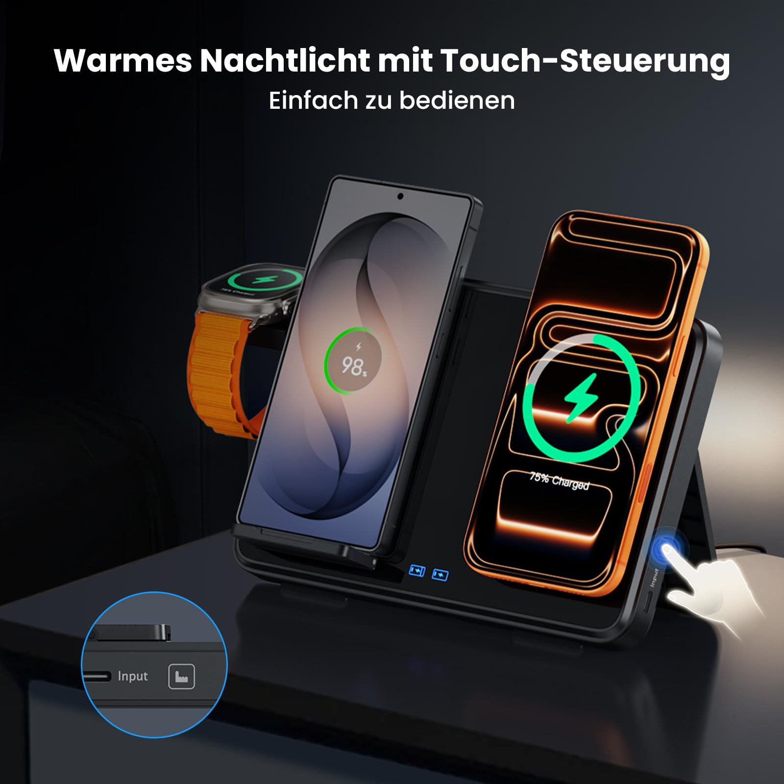 Dual Induktive Ladestation für iPhone & Samsung – Faltbarer 4-in-1 Wireless Charger mit Nachtlicht für Apple Watch & AirPods, reisefreundlich, inkl. PD 30W Adapter, Schnellladen kompatibel