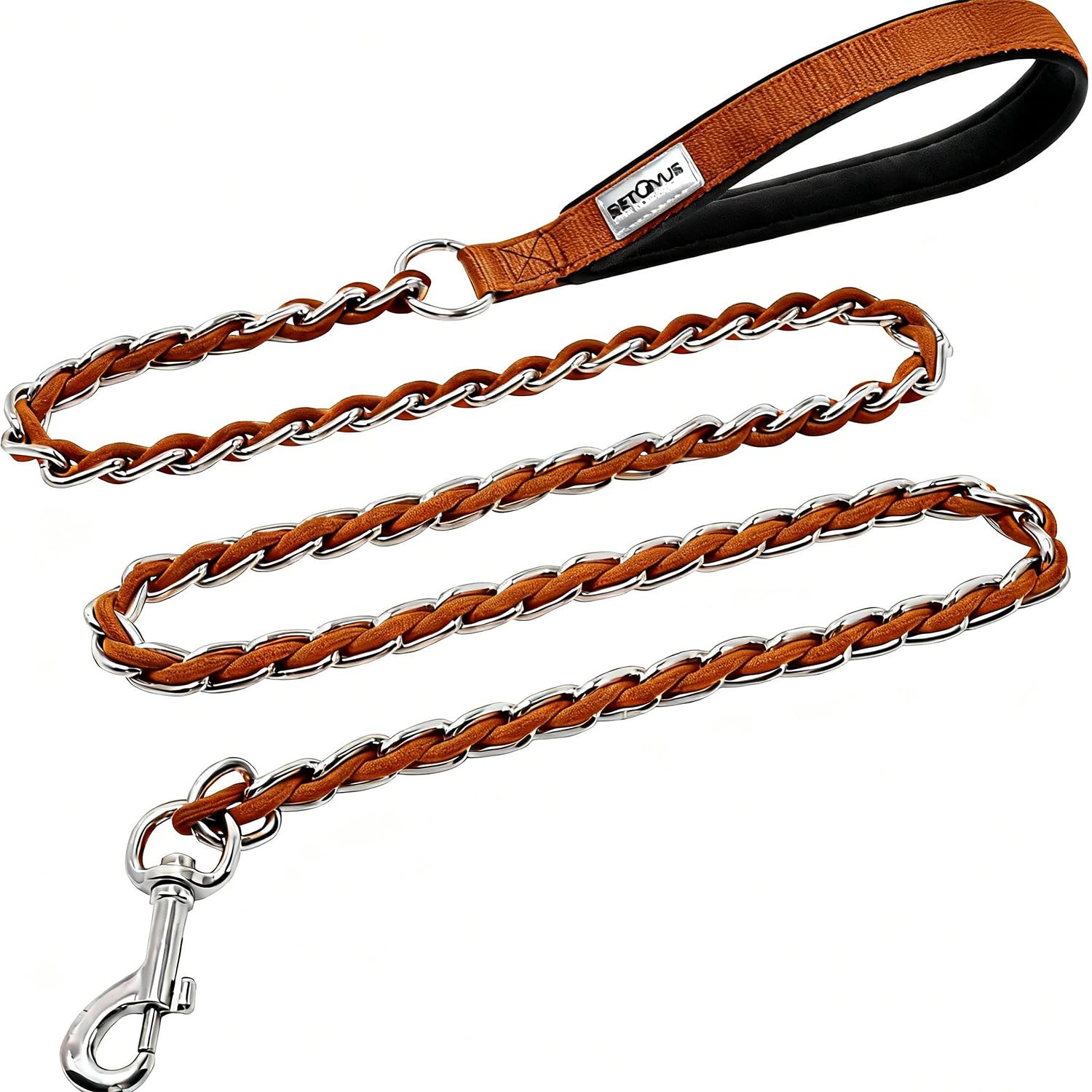 Chain Dog Leash Chew Proof Metal Leash for Medium Large Dogs, Chain Link Dog Anti Chew 5.2FT / 4FT Strong Anti Bite Comfortable Soft Padded Handle (Brown, 4FT（5-30lb）)