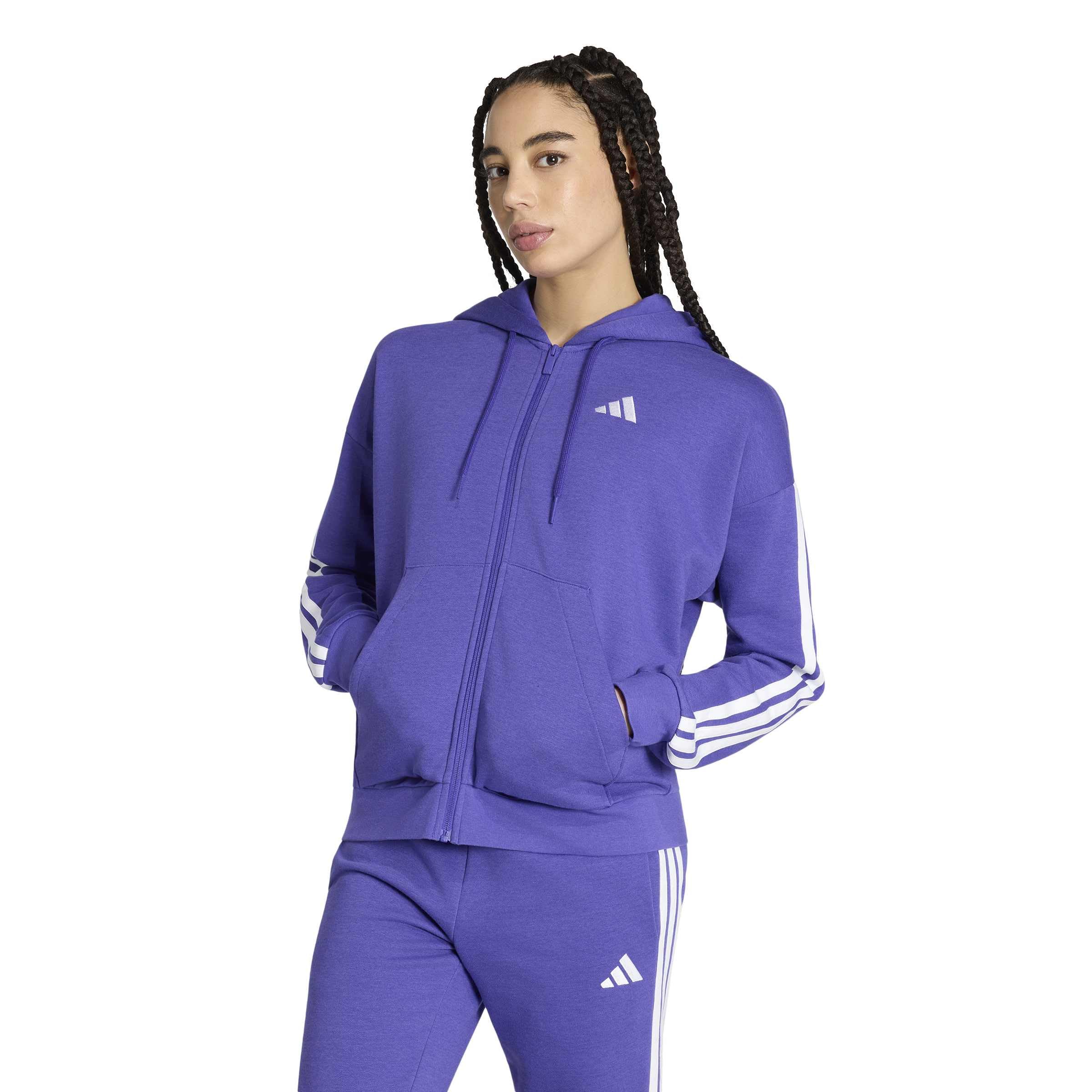 adidas Mujer Essentials 3-Stripes Full-Zip Fleece Hoodie Sweatshirt, Pure Purple/White, XS