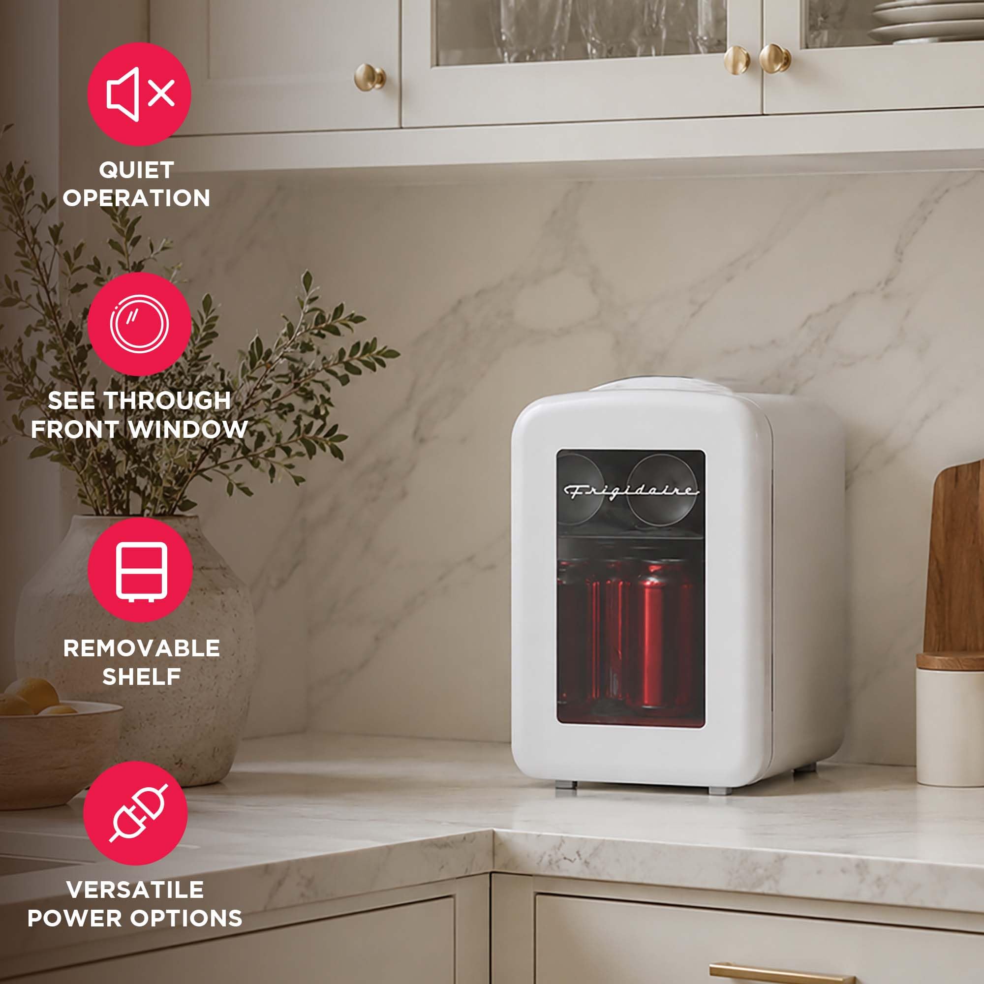 Frigidaire Mini glacière personnelle blanche pour réfrigérateur, porte transparente, capacité de 3,8 l pour six canettes, comprend des prises pour prise domestique et un chargeur CC – 25 cm P x 18 cm