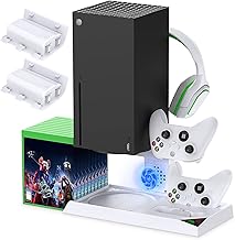 YUANHOT Vertical Cooling Stand Compatible with Xbox Series X, Charging Station Dock with 1400mAh Rechargeable Battery Pack and Dual Controller Charger Ports (NOT Compatible with Xbox One X/S), White