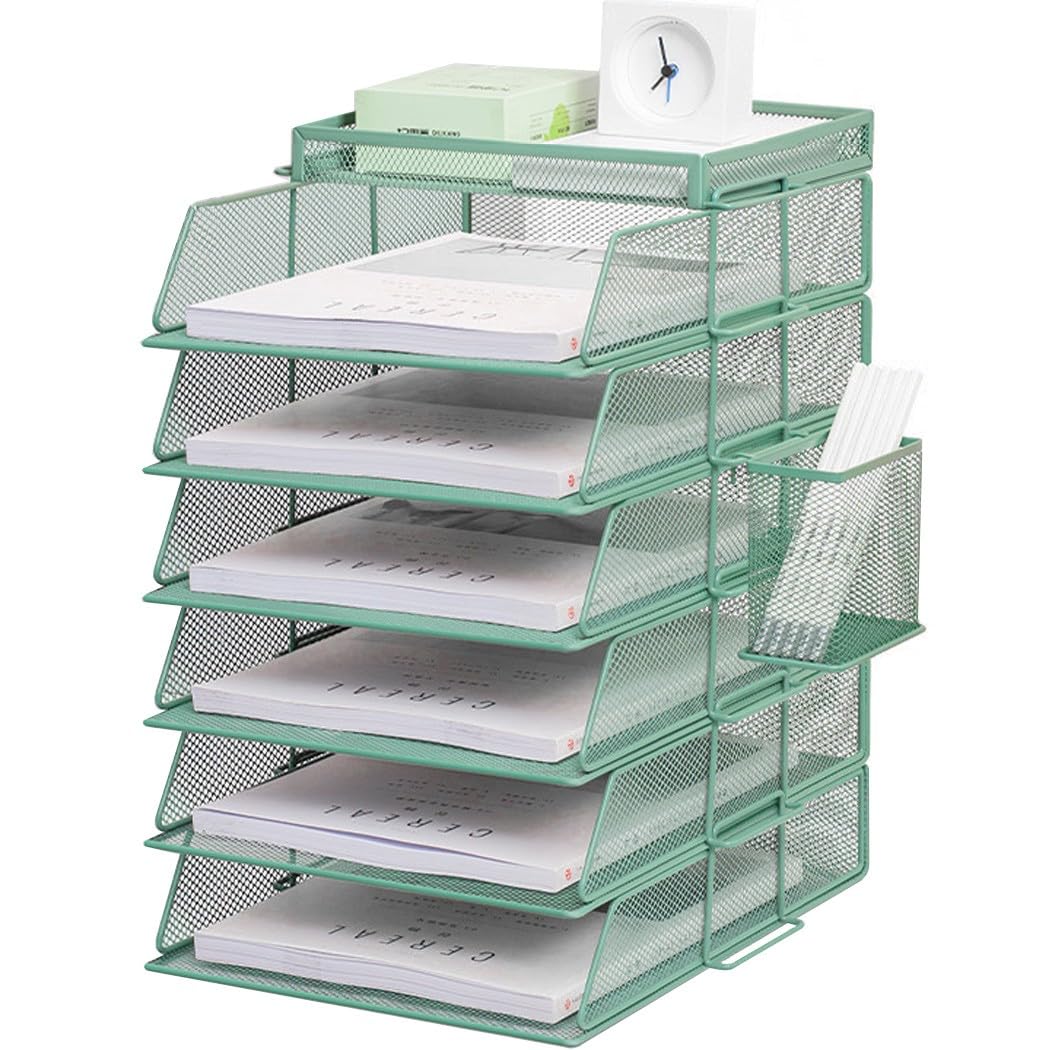 Organizer da scrivania con portapenne, 6 livelli con cassetto e portapenne, organizer da scrivania in rete, con portariviste per ufficio, verde