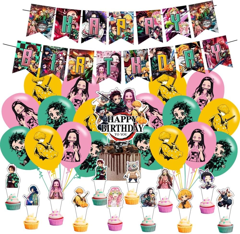 Demon Birthday Decorations, Slayer Party Supplies Include Happy Birthday Banner, Cake Topper and Cupcake Toppers, Balloons for Kids Party Decor