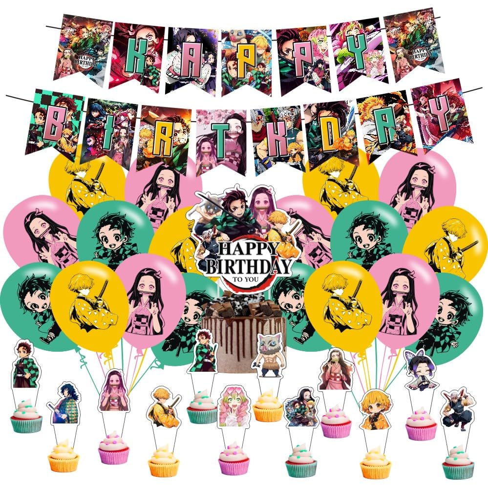Demon Birthday Decorations Slayer Party Supplies Include Happy Birthday Banner Cake Topper and Cupcake Toppers Balloons for Kids Party Decor